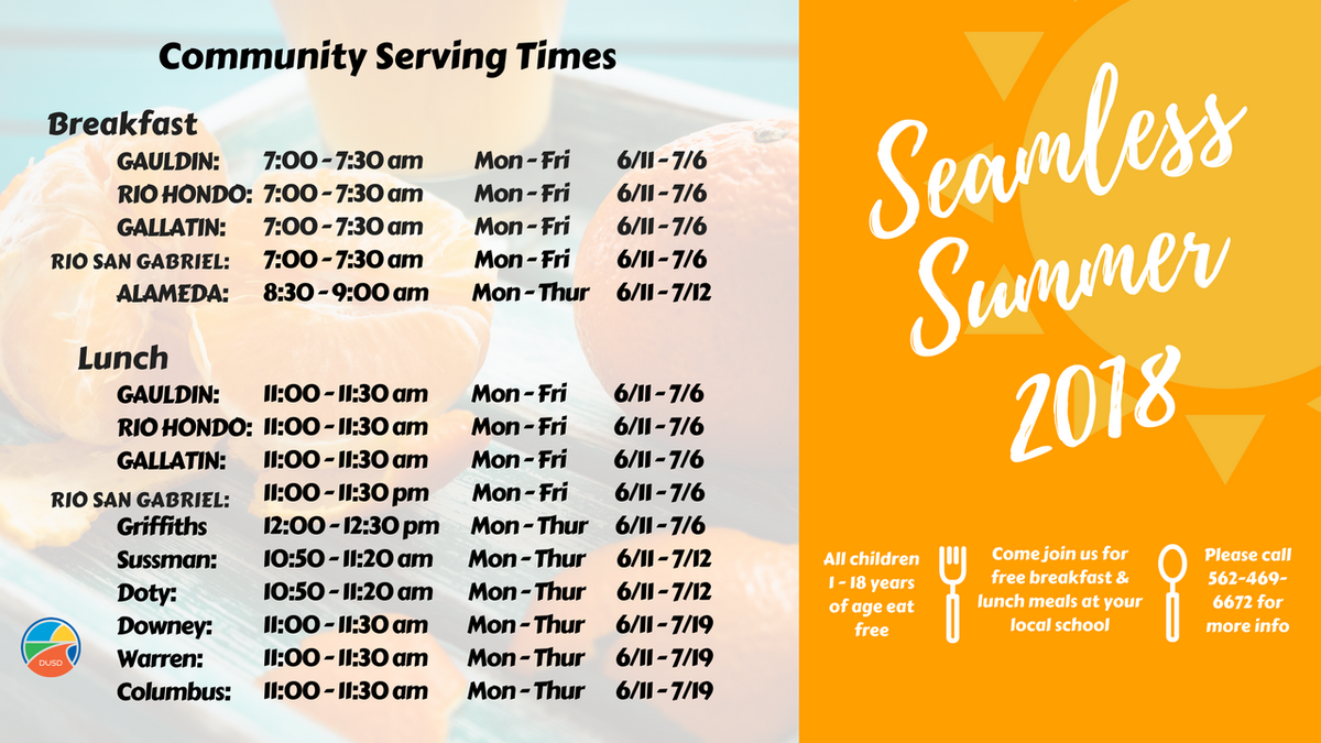 DowneyUSD_Cafe's tweet photo. Come join us for lunch this summer!  Kids and teens age 1-18 eat for free!
#summer #dusd #summerlunch #wellfed #freelunch #communityfeeding https://t.co/QFYzZl70K0