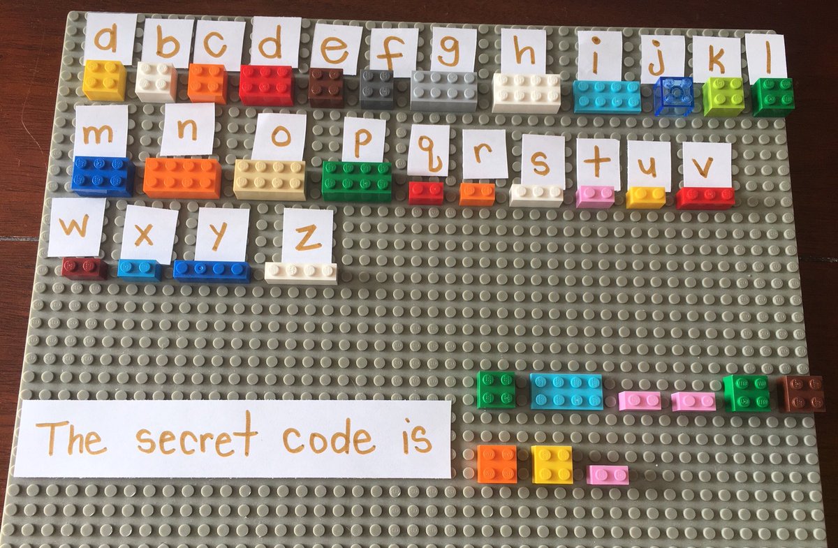 McLennan1977's tweet image. Introduce children to the concept of ASCII computer language through LEGO secret #coding activities. Each LEGO represents a letter. Can you decode the secret message? Can you build your own message for your friends to decipher? #kindercoding #joyfulmath #MTBoS