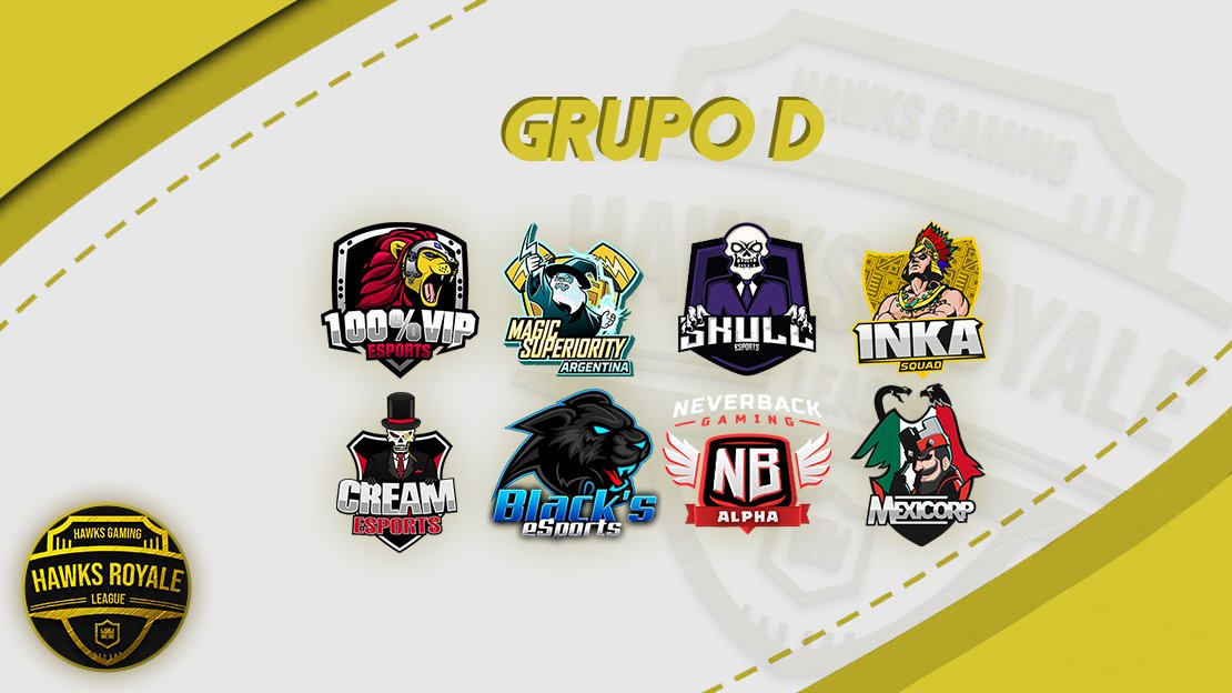 El GRUPO D de la fase clasificatoria estará compuesto por:

- @100VIPeSports 
- @MSArgentinaGG 
- @Skull_eSportsGG 
- <a href="/InkaSquad/">INKA SQUAD</a> 
- <a href="/Cream_EsportsGG/">ChichasLocas</a> 
- <a href="/Blacks_eSports/">Black's eSports</a> 
- @TeamAlphaNB (<a href="/NeverBackGaming/">NeverBack</a>)
- @MexiCorpRoyale

Mucha suerte a todos los equipos.