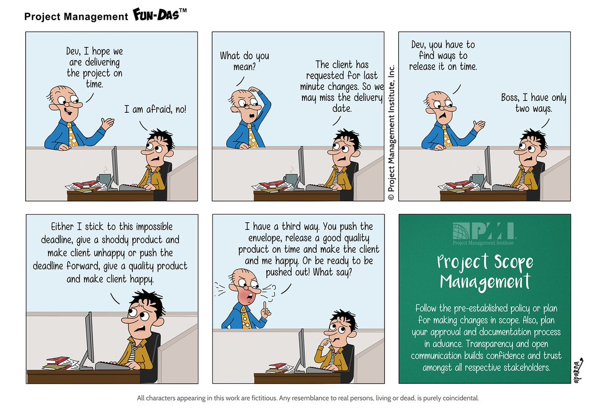 Real project execution and delivery happens when you are fighting any of the triple constraints in real time. Art of persuasion is also essential for  Project Leaders
#PMFundas
Publishing cartoons on Project Management Since May 2016