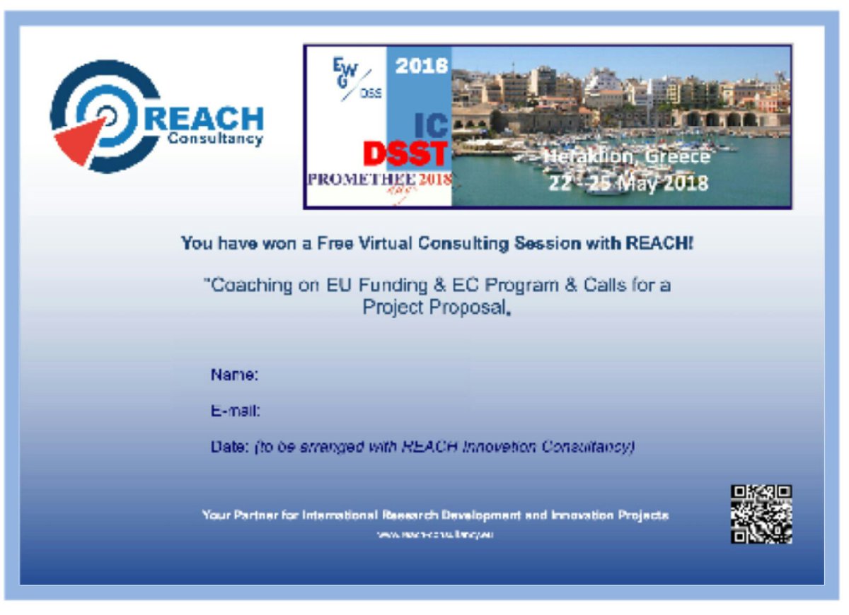 reach_twt's tweet photo. At @EWGDSS #ICDSST2018 International Conference on Decision Support Systems in Crete REACH was represented by @fccdp in the Panel about EU R&amp;I Projects, moderated by @PavlosDelias, which it sponsored with  prize for a Coaching Session on  EU Programme for Project Proposals. https://t.co/4jdgr0yVpE
