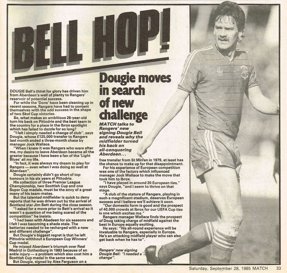 ScotsFootyCards's tweet photo. Bell Hop! Dougie moves in search of new challenge #DougieBell #Rangers #Match 1985-09-28 https://t.co/NHBCmLsw3w