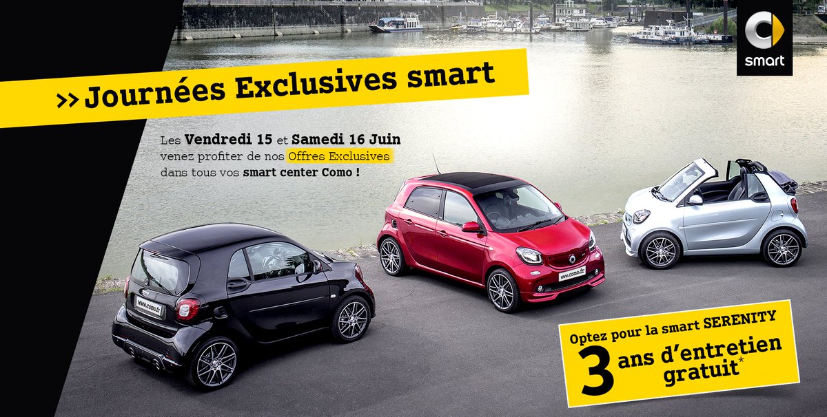 ComoSmart's tweet photo. Du vendredi 15 au samedi 16 Juin, @ComoSmart vous invite aux Journées Exclusives @smart_worldwide Optez pour la smart SERENITY 3 ans d'entretien gratuit!
#Como #smartParis #Comosmart #FollowComo https://t.co/57pbnnSRmC