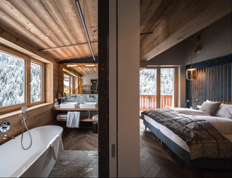 Italian architects transformed the 5* luxury Rosa Alpina Hotel. The contemporary penthouse oozes sophistication and elegance, furnished with pieces by Tom Dixon, Edra, Fornasetti, Gubi, Carl Hansen &amp; Son etc. bit.ly/1qE0KuS
