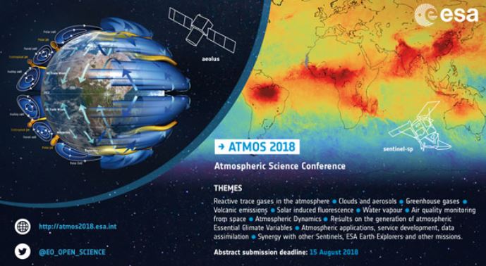 ESA_EarthOnline's tweet photo. ESA is organising #ATMOS2018, a #conference on the topical theme Atmosphere aimed at exploiting data from ESA and EO Missions.The conference will be held in Salzburg (Austria)from 26 to 29 November 2018
Abstract submission deadline: 15 August 2018 - See : https://t.co/xYzOaGAd5d https://t.co/Yo5i8P13Jb