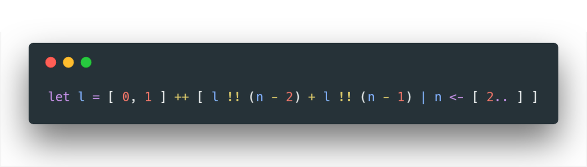 craigmc08's tweet photo. I don't think I "get" functional programming, but I like the lazy loaded lists in Haskell. Entire fibonacci sequence https://t.co/Ux7nk4W2dX