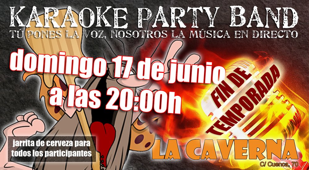 Este domingo despedimos la temporada de kararocke de <a href="/lacavernavlc/">La Caverna Valencia</a>  ¿¿¿Te lo vas a perder??? Y ya sabéis que hay JARRITA DE CERVEZA PARA TODOS LOS PARTICIPANTES!!!! Nos vemos el domingo a las 20:00 en La Caverna, c/Cuenca 70, Valencia.