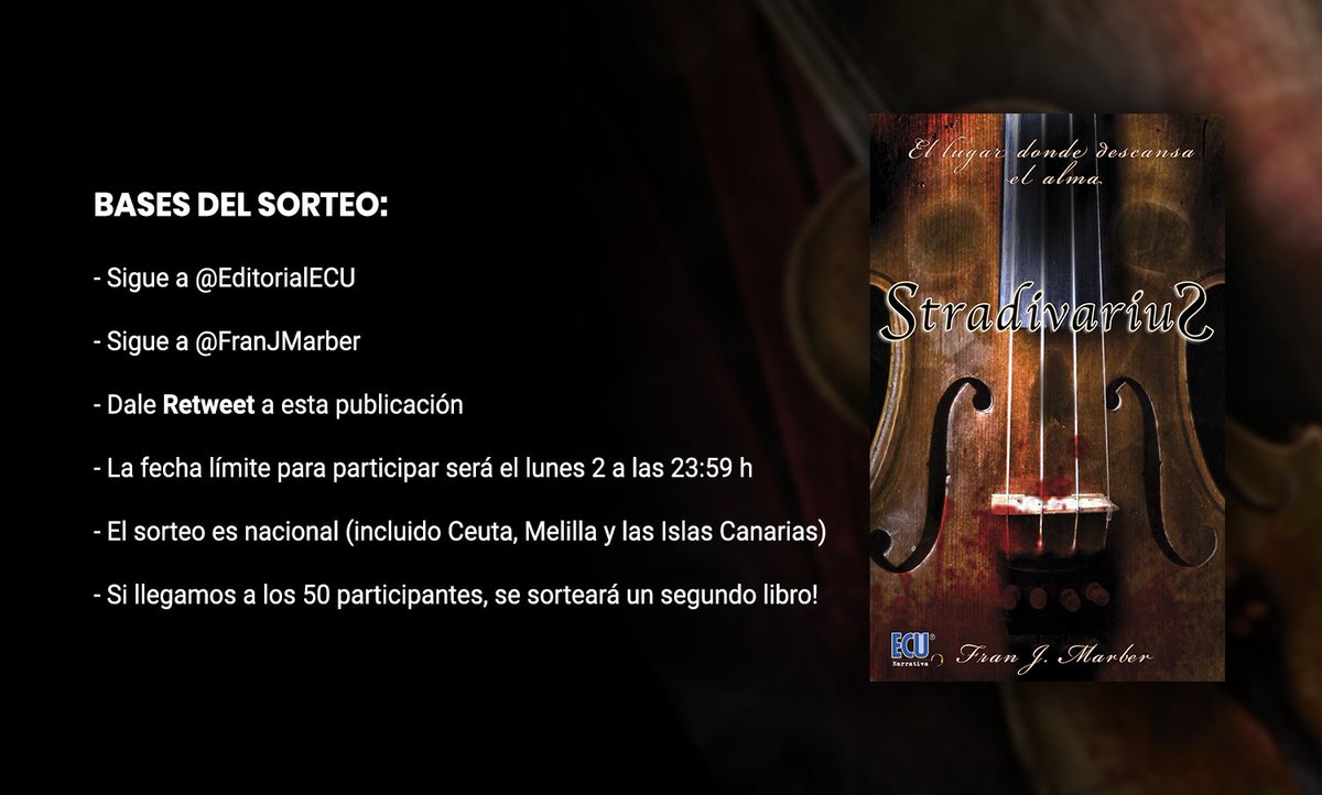 EditorialECU's tweet photo. 💫 SORTEO 💫

¡Llévate un ejemplar firmado del libro Stradivarius de @FranJMarber siguiendo los pasos que te indicamos a continuación! El sorteo es solo para territorio nacional, y estará activo hasta el 2 de Julio para participar. ¡Mucha suerte a todos! https://t.co/E69udiyeLq