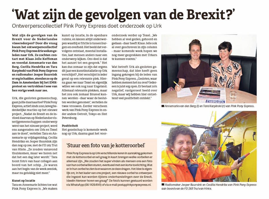 Daar zijn we weer. Een klein interview over ons nieuwe project over de invloed van de Brexit in Nederlandse vissersdorpen.
Met dank aan de redactie van Het Urkerland – en natuurlijk <a href="/StichtingDOEN/">Stichting DOEN</a> 
 #urk #pinkponyexpress #brexit #oorbel #kotter