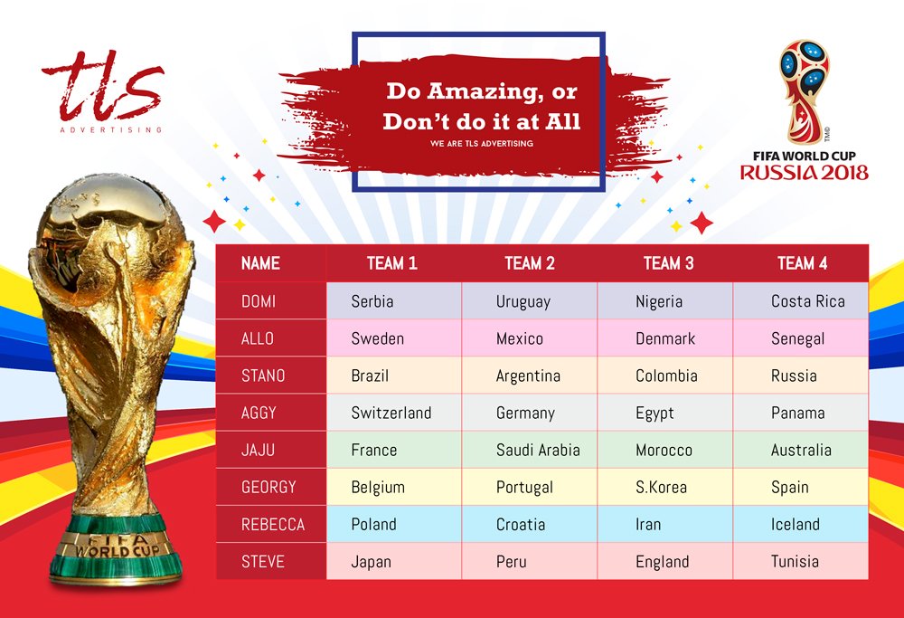 TLS_Advertising's tweet photo. With a good old-fashioned sweepstake, the team at TLS is all ready for the #WorldCup 

But, more importantly, who are YOU rooting for? https://t.co/89RTu0jFOv