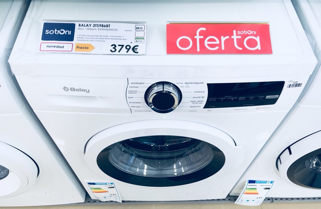 Sotroni Lorca on Twitter: "¡¡#OFERTA!! Lavadora BALAY por 379€. Capacidad de carga (kg):8 kg; Clasificación energética:A+++; Velocidad centrifugado (r/min):1200. Llevamos el producto casa y te lo instalamos. a visitarnos