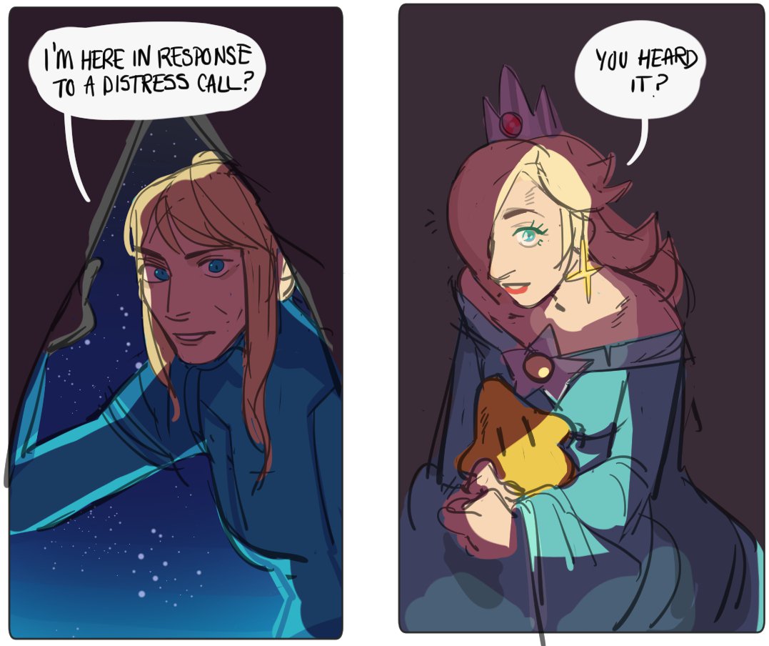 hattersarts's tweet photo. tired: samus/peach
wired: samus/rosalina

super mario galaxy but samus hears a distress call that rosalina sends out and now its Super Samus Galaxy and rosalina gives samus a kiss every time she brings back a star https://t.co/5hQ2E2MmJb