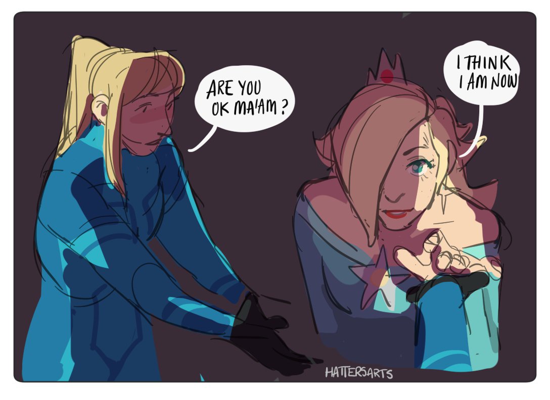 hattersarts's tweet photo. tired: samus/peach
wired: samus/rosalina

super mario galaxy but samus hears a distress call that rosalina sends out and now its Super Samus Galaxy and rosalina gives samus a kiss every time she brings back a star https://t.co/5hQ2E2MmJb