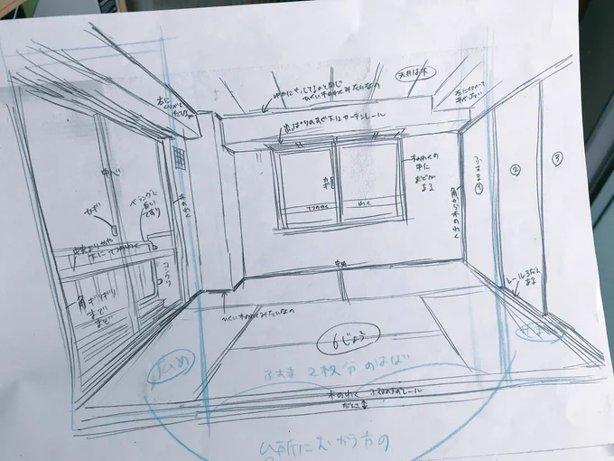 ラパス・テーマパーク、室内で話したりするシーンの部屋（ギロチン回など）の全体図が出てきた。スタッフに伝える為のもの。僕自身あまり守って描いてなかったけど…笑 