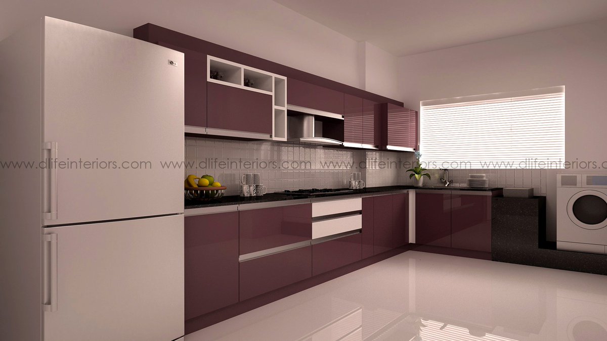 An L shaped modular kitchen designed with a beautiful mix of Shangrila red  and glossy white shades. #modularkitchen #Dlifeinteriors #interiordesign  #interiordesigners #kitchen #HomeDecor #kitchendesign #furniture  #furnituredesign, image size:1200x675