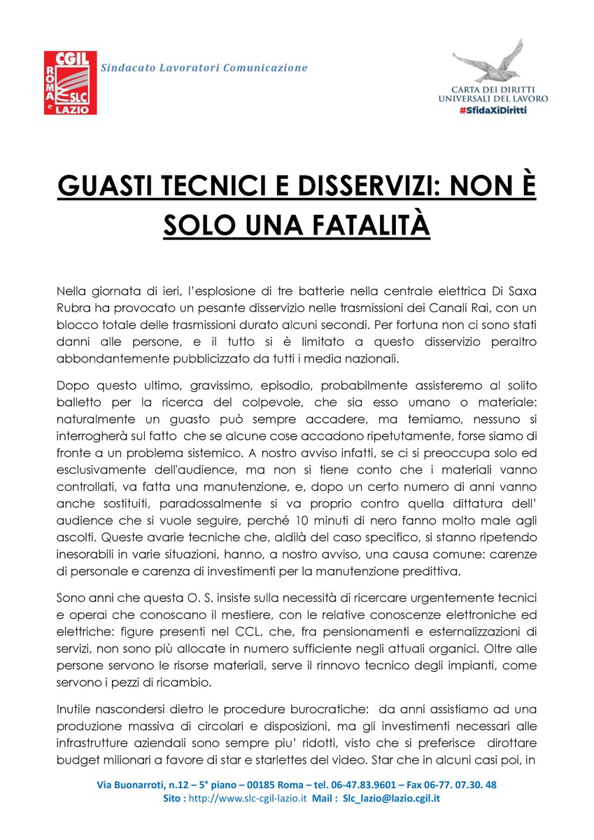 SLCGIL_RaiRoma's tweet photo. #blakout #rai #raidown #SaxaRubra
GUASTI TECNICI E DISSERVIZI: NON È SOLO UNA FATALITÀ
https://t.co/PrvZU51BB4 https://t.co/qwUNIXCZVZ