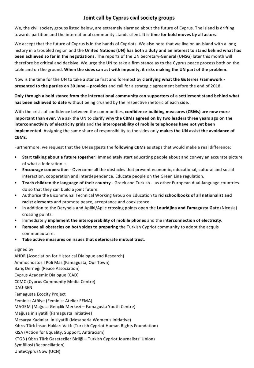 UniteCyprusNow's tweet photo. Reposting joint statement by civil society groups, updated with new orgs signing it (now 16). #cyprob #NoToPartition https://t.co/vG2l0C2A5P