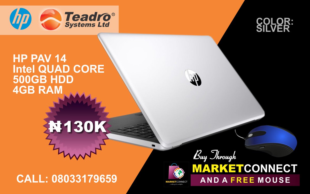 Marketconnectph's tweet photo. BUY LAPTOP
#Unbeatable #PriceSlash #130k  #HPPAV14
HP PAV 14 
Intel QUAD CORE
500GB HDD 
4GB RAM
 
Free Mouse

Price: N130k
Location: #PortHarcourt
Call/whatsapp to Buy: 08033179659
#RT https://t.co/em0vm9Hzb6