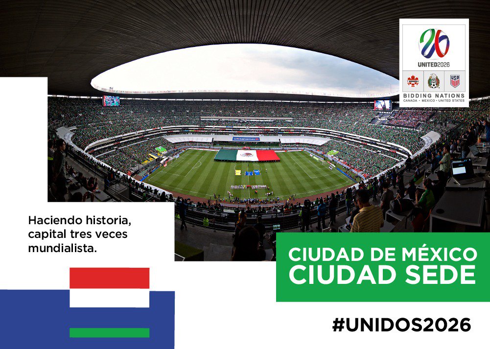 amievajoserra's tweet photo. ¡Buenas noticias para nuestra CDMX!

La FIFA anunció que México, Estados Unidos y Canadá serán la sede de la Copa Mundial de futbol en 2026. Nuestra Ciudad hace historia como capital 3 veces mundialista.

🇲🇽🇺🇸🇨🇦
#Unidos2026 #United2026 https://t.co/f2YBWIBdfz