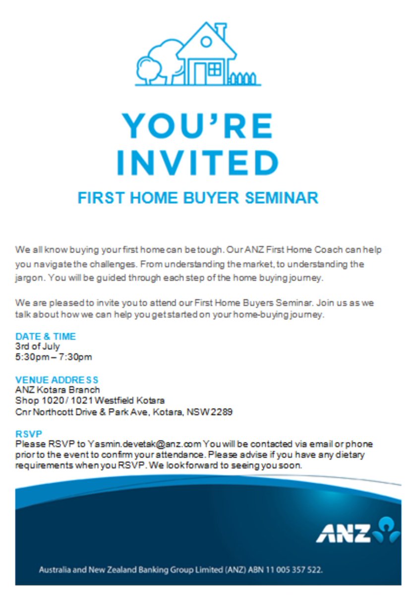 YasminDevetak's tweet photo. Join us on the 3rd of July at ANZ Kotara from 5:30pm as we talk about how we can help you get started on your home-buying journey. 

Please RSVP to Yasmin.Devetak@anz.com

@ANZ_AU #firsthome https://t.co/LZO2HCeuuE