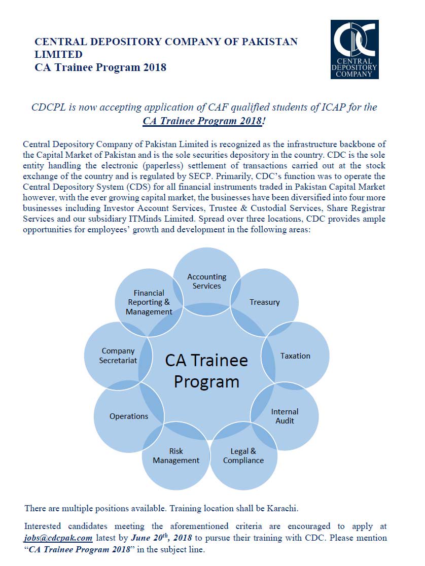 icapofficial's tweet photo. CENTRAL DEPOSITORY COMPANY OF PAKISTAN LIMITED is now accepting application of ICAP- CAF qualified students for the CA Trainee Program 2018!
#Trainees #CAF #ICAP #CDCPL https://t.co/R9YiaDDYYi