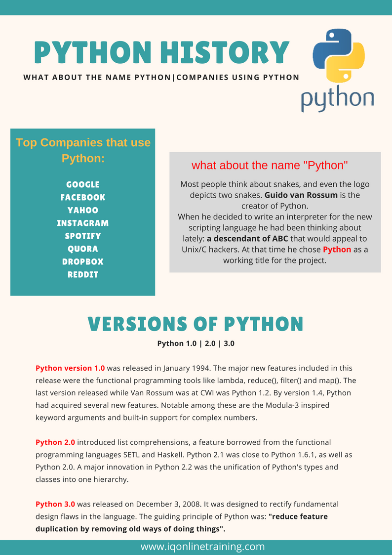 iqonlinetrainin's tweet image. What about the name #Python??
#Python_History
Top 8 companies using #Python
#Python_versions 1.0 | 2.0 | 3.0 in brief...

Learn @Iqonlinetraining.com
#iqonlinetraining

Visit@ goo.gl/B3q5po