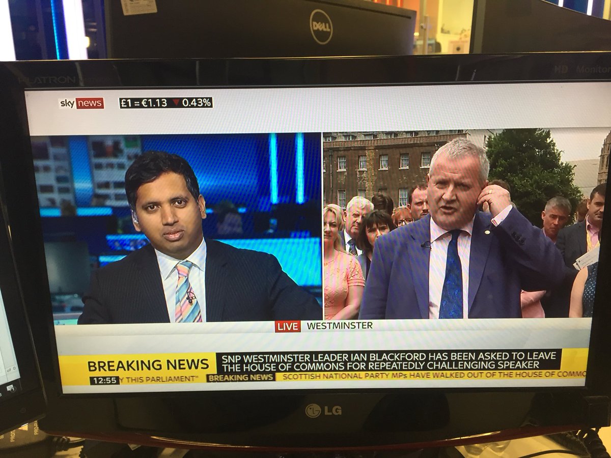 katewilsea's tweet photo. SNP MPs led by @ianblackfordMP gathered outside parliament talking to @faisalislam about their #PMQs walkout just now https://t.co/BQYNq2O48B