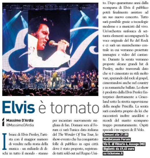 MassimoDArdia's tweet photo. Domani imperdibile show-tributo a @ElvisPresley al @MediolanumForum Special guest: @ilvolo #Milano #MiTomorrow https://t.co/SfOnt86dZO