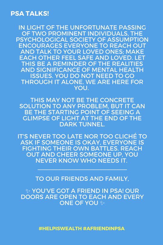 ACpsychs's tweet photo. During this time wherein shocking news of deaths were reported, the Psychological Society of Assumption stands with individuals who are suffering silently.
#HelpIsWealth #AFriendInPSA https://t.co/KgRli2mNi9