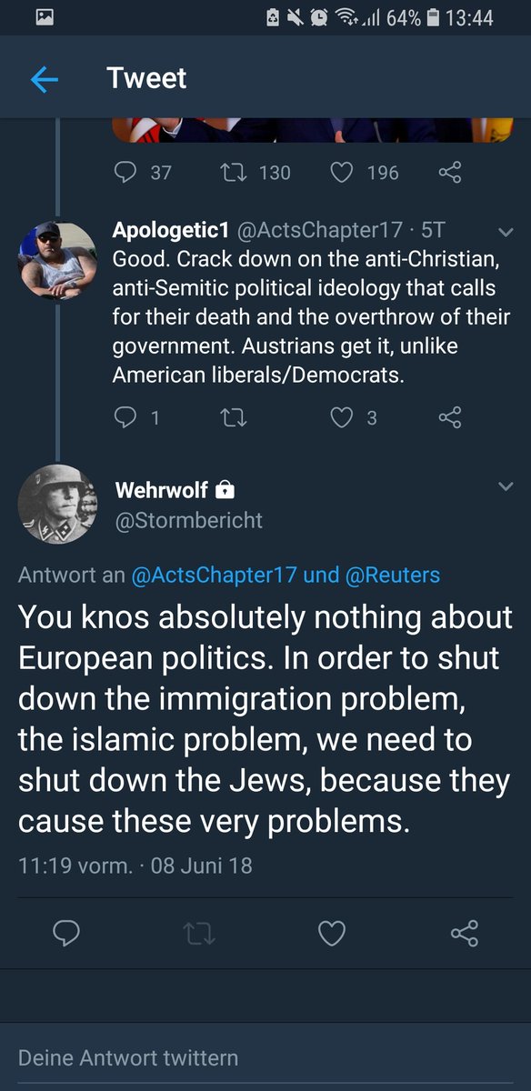 | PLEASE report @/Stormbericht. What they post is absolutely DISGUSTING. I really have no words for that. 

I'm shocked. This must have been a RP account before they changed because otherwise I wouldn't have followed them.