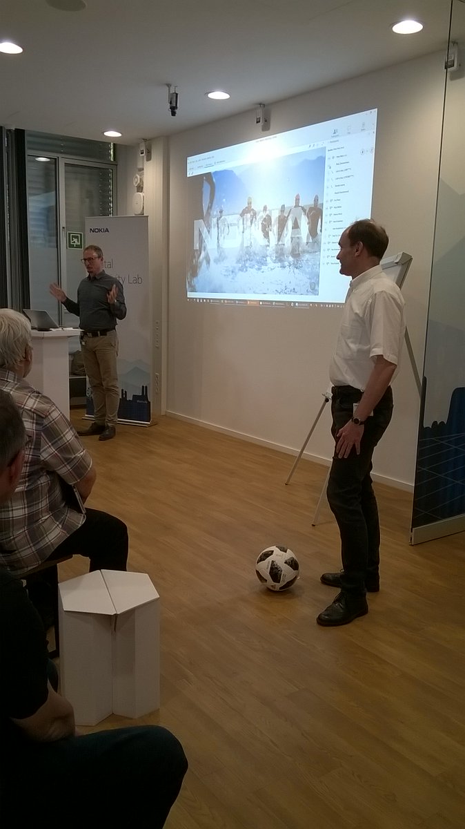 gosiagschirr's tweet photo. Peter Merz, Head of Standardization Research Lab #Nokia #BellLabs kicking #Telstar18 to Peter Zimmermann, Head of Technology at @NokiaTech at the kick off of innovation &amp; inventing workshop for the #5G era at Munich #NokiaDCL.  #WorldCup2018, #Telstarring,@BellLabs https://t.co/eZIa0jmG1V