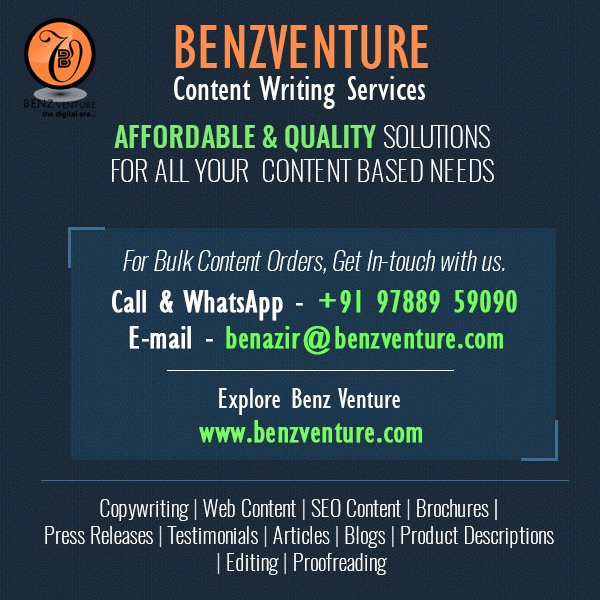 BenzVenture's tweet image. @BenzVenture Venture provides the #contentwritingServices with affordable cost.We offers the all kinds of content likes #SEOContents, #PressReleaseContents, #BlogContents, #WebContents,#ProductDescription #GuestPostContent
If You need quality of content contact us at 97889 59090