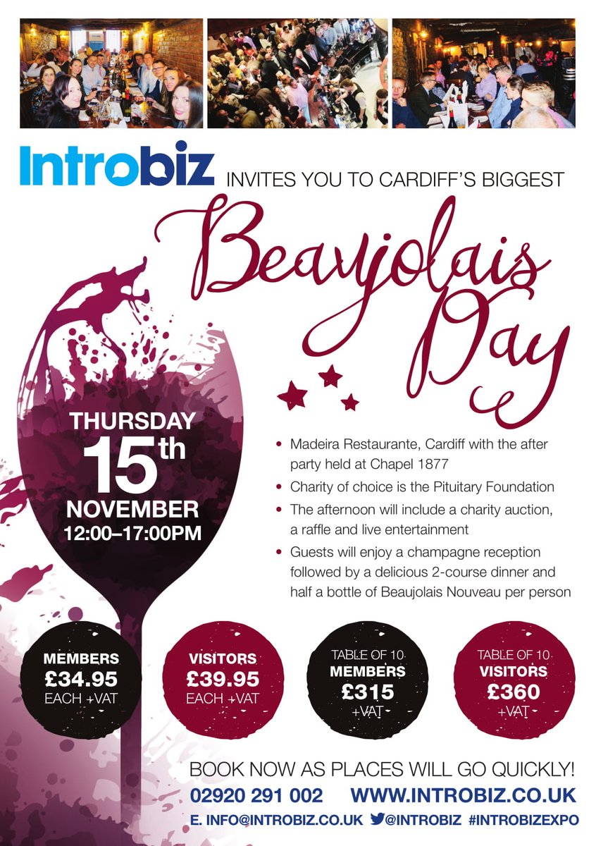 introbiz's tweet photo. Do you want to be a part of Cardiff's biggest #Beaujolais event?🍷🍷🍷Come and join #Introbiz on our favourite party of the year at the #MadeiraRestaurant and afterparty at #Chapel1877 on the 15th November! Book now as we usually sell out quickly https://t.co/DyTGUJH5Rm https://t.co/lClyfRfowx