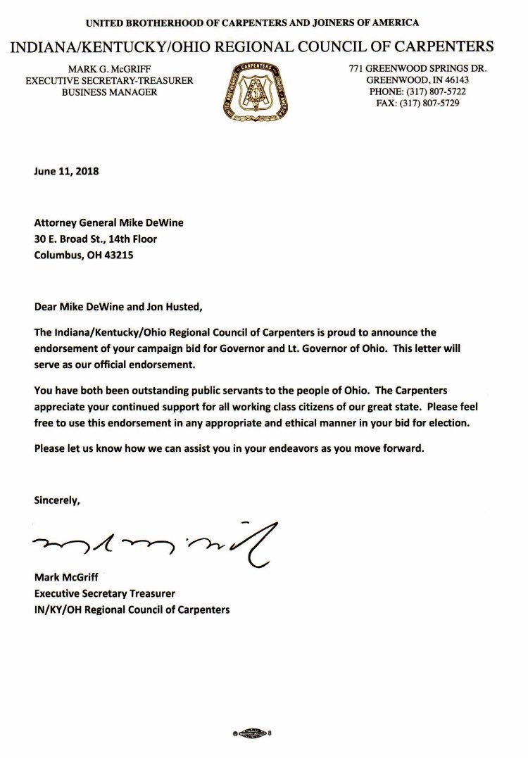 Dustin2008's tweet photo. The Indiana/Kentucky/Ohio Regional Council of Carpenters endorsed @MikeDeWine and @JonHusted for #OHGov and #OHLtGov today!
#ILikeMike #MikeAndJon https://t.co/sybA7sAEZ7