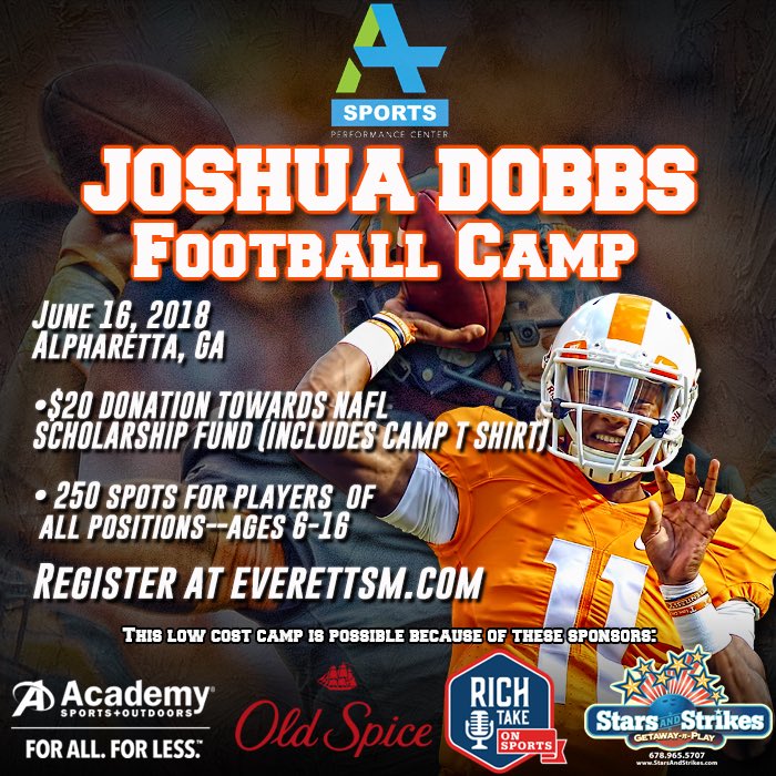 josh_dobbs1's tweet photo. It’s camp week Alpharetta! Only 4️⃣0️⃣ hours left to sign-up for my June 16th @everett_sm Football Camp, benefiting @NAFLsports. Registration closes Friday at midnight. Don’t miss out! ⏳⬇️
https://t.co/YgC3nkQU53 https://t.co/ElvFUHLBeW