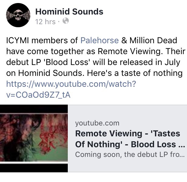 So some of us have been busy. Pleased to finally announce new music. New band REMOTE VIEWING (<a href="/remoteviewing_/">R E M O T E V I E W I N G</a>). The full-length is called BLOOD LOSS and will be out in July 2018 on <a href="/hominidsounds/">Hominid Sounds</a>. Listen here: m.youtube.com/watch?v=COaOd9…