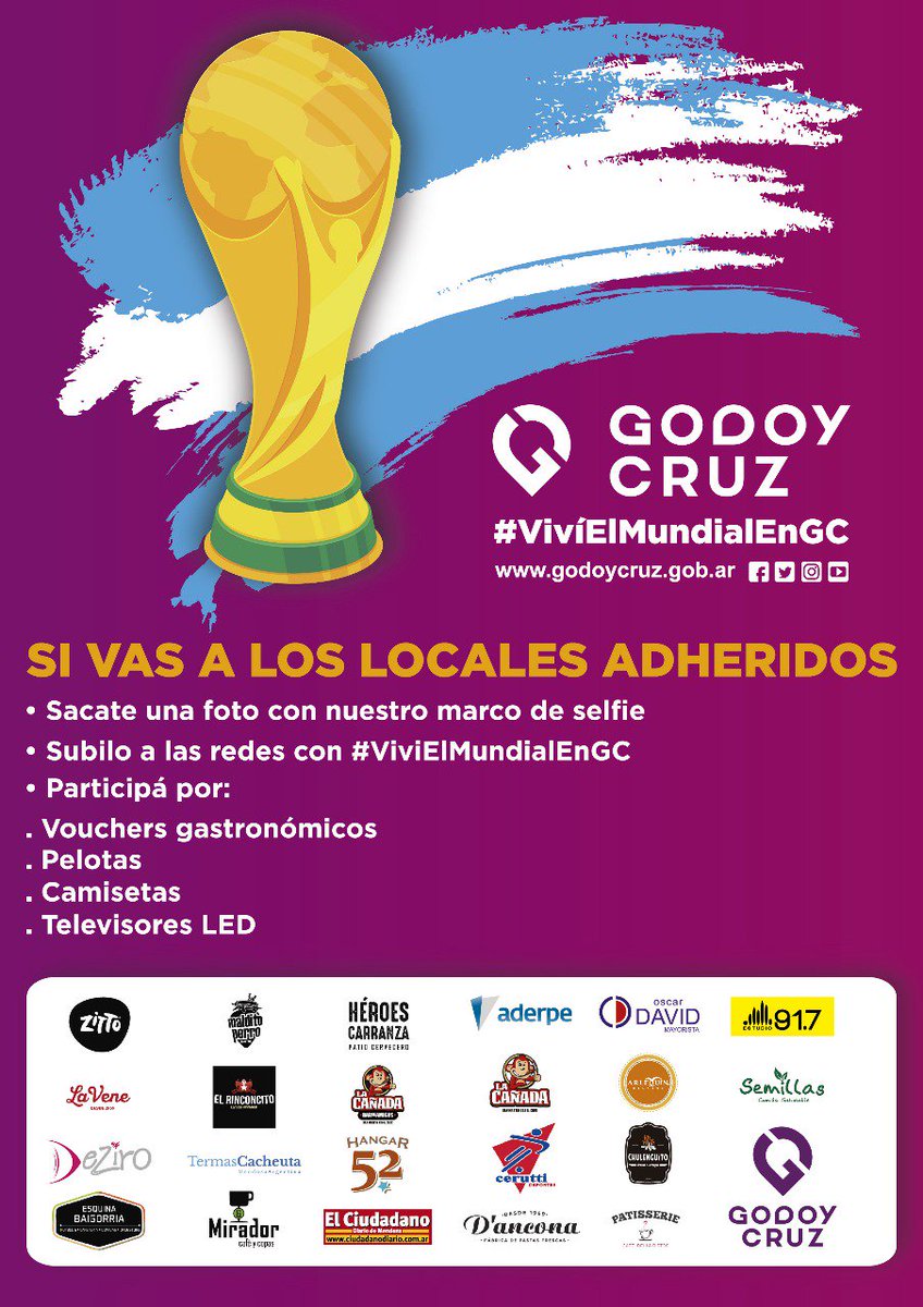 MuniGodoyCruz's tweet photo. ¡Viví el Mundial en Godoy Cruz y llevate premios! Seguí las consignas, etiquetá a la Muni y estás participando #VivíElMundialenGC https://t.co/7olqaS61Jc https://t.co/lD3dfiEDUr