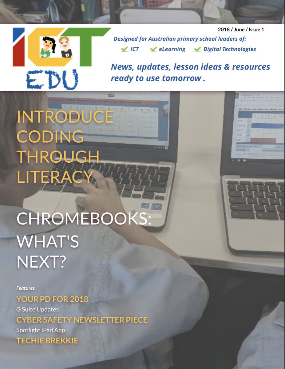 Excited to launch the first issue of ICT EDU magazine designed for primary school ICT &amp; Digitech leaders. Issue 1 features <a href="/PaulHamilton8/">Paul Hamilton</a> <a href="/lindaliukas/">Linda Liukas</a> <a href="/bjlannen/">Benjamin Lannen, M.Ed</a> <a href="/TeachTechPlay/">TeachTechPlay</a> <a href="/edtechteam/">EdTechTeam, Inc.</a> @tserlincom #gsuiteedu #chromebooks #aussieED  bit.ly/ictedumagazine