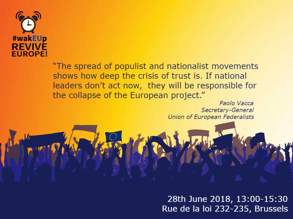 We want to put European leaders in front of their responsibilities. If they keep on failing to give an answer to citizens' concerns, they will bear the responsibility for the end of the European project. Do you agree? Join #wakEUp on 28 June!
<a href="/paolovaccaUEF/">Paolo Vacca</a>