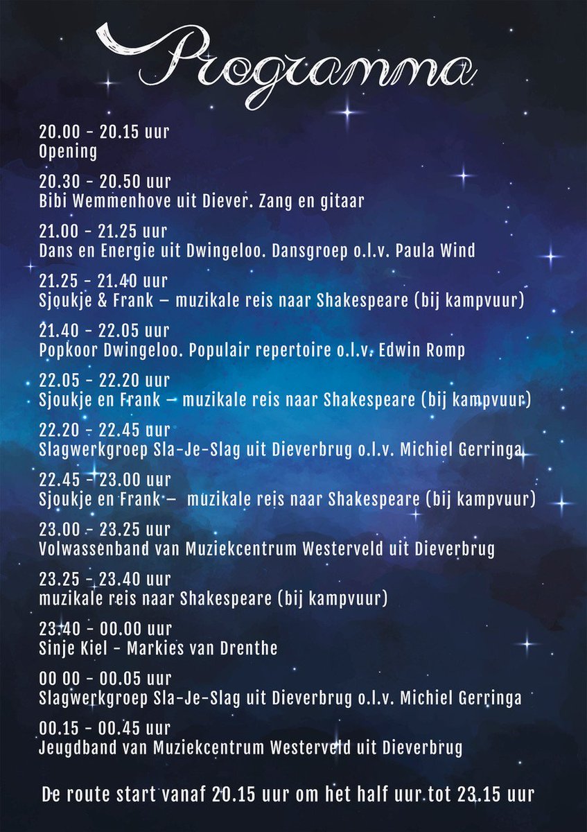 Wauw! Wat een prachtig muzikaal programma op het Hartstochtelijke festival tijdens de #NachtelijkeBeleving op 22 juni in #Shakespearedorp Diever! ben jij er ook bij?