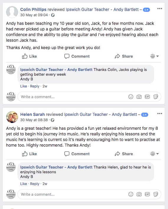 Had some more reviews come in recently, thanks to all students who have reviewed my facebook and google page! 🖋️🖋️🖋️ 

If you are interested in lessons or would like to know more, please visit ipswichguitarteacher.com or call me on 07923 994755
🎸🎸🎸

#ipswichguitarteacher