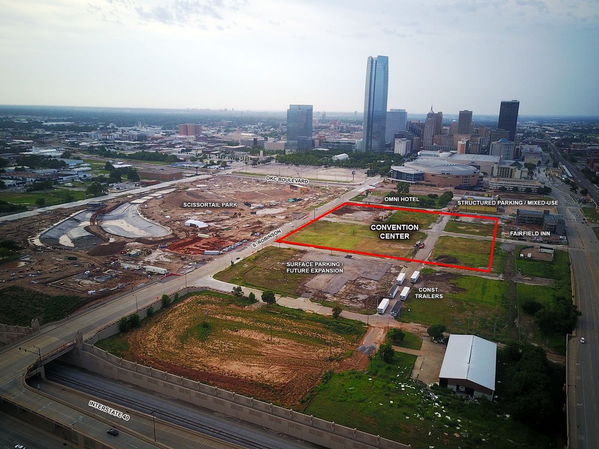 OKCTalk's tweet image. Construction trailers have arrived for the MAPS3 convention center.  Official groundbreaking is Friday at 10:30AM.  @DowntownOKC  @VisitOKC