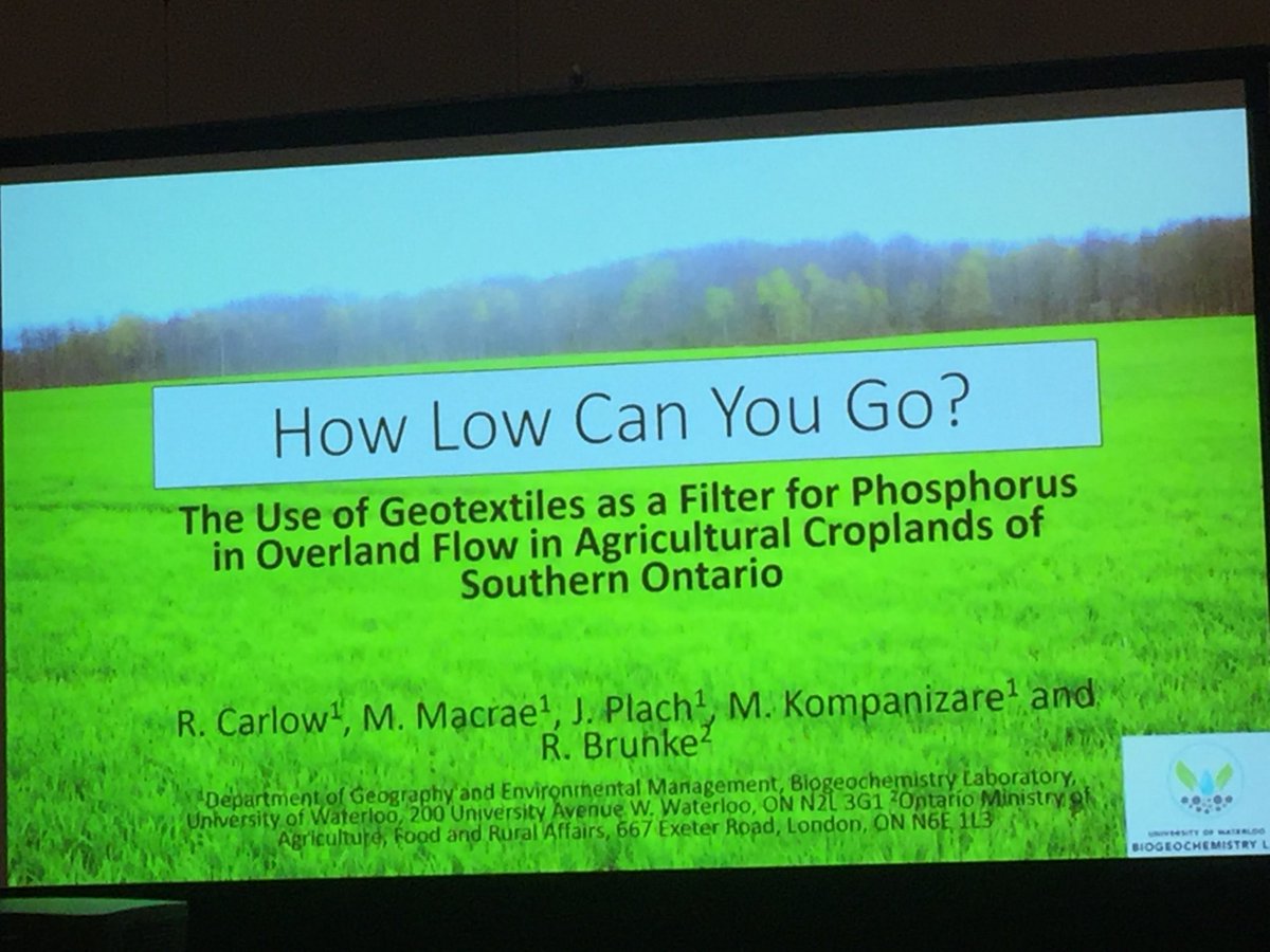 Great presentation by <a href="/RCarlow/">Ryan Carlow</a> on the use of geotextiles as a BMP to start off our ag water quality session this morning at #CGU2018