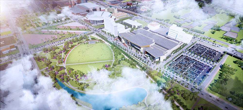 OKCTalk's tweet image. Construction trailers have arrived for the MAPS3 convention center.  Official groundbreaking is Friday at 10:30AM.  @DowntownOKC  @VisitOKC