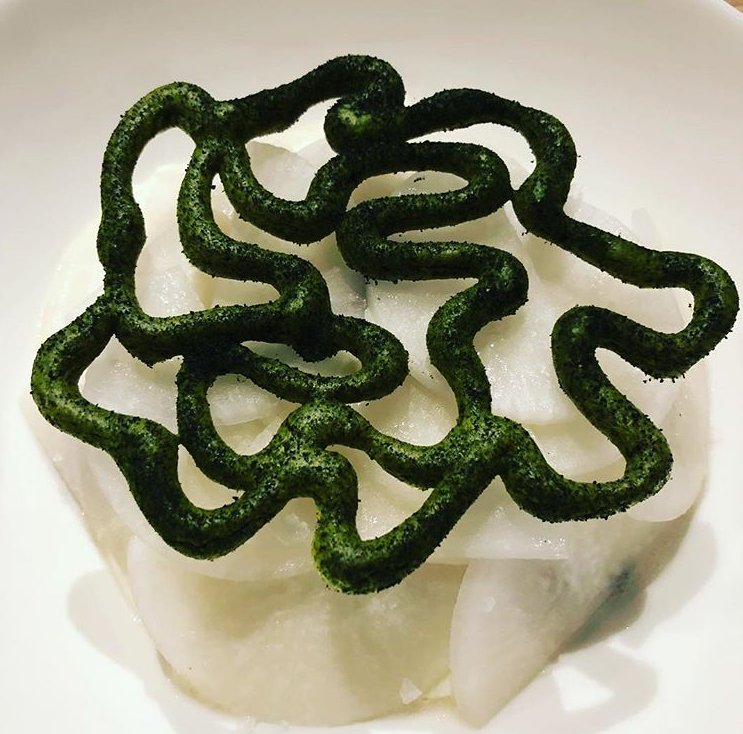 Grilled tomatoes. Tomato dashi. House Bonito. Pickled wood ear mushrooms. Soft tofu espuma. Radish. Wakame cracker. Dish by executive chef Joey.