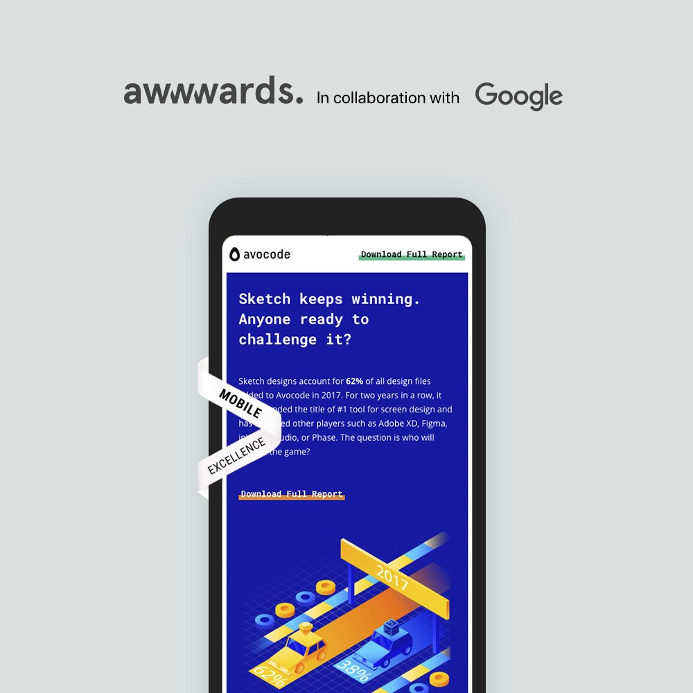 avocode's tweet image. Our 2017 UI Design Report just won the Mobile Site of the Week along with the #MobileExcellence Award by @AWWWARDS. 🚀 
Thank you everyone for your support! ❤️ bit.ly/2l7stFf 

#awwwards #designreport #webdesign #uitrends