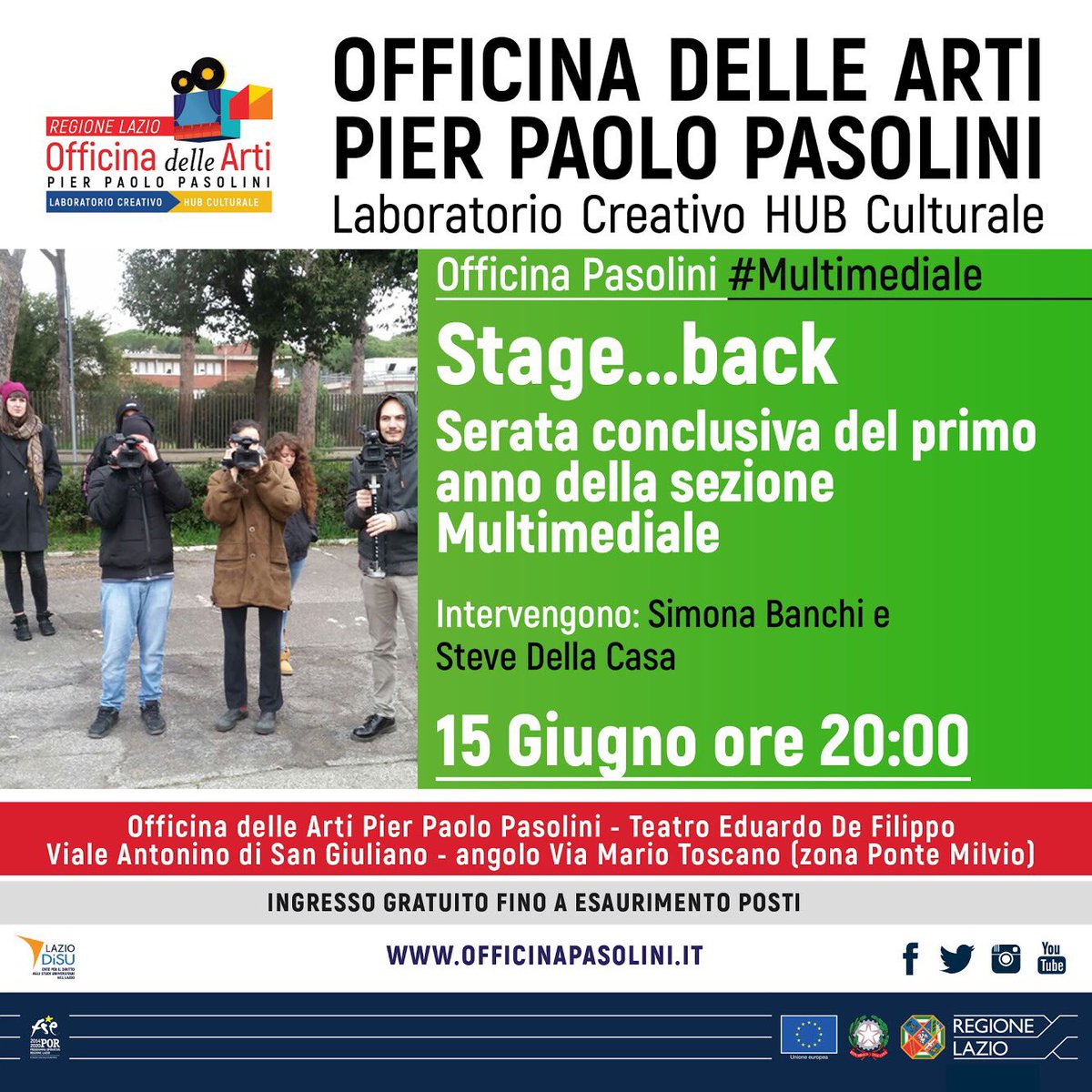 Venerdì 15 giugno alle 20, a conclusione della programmazione del mese e del percorso formativo della sezione #Multimediale del laboratorio artistico di alta formazione di Officina Pasolini, gli studenti mostreranno al pubblico i lavori svolti durante l’anno. Stage... Back!