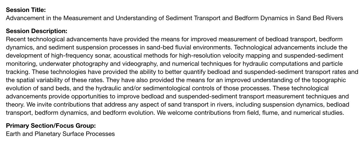astoldbywater's tweet image. Stoked to announce this @theAGU session (EP001) all about sediment transport and bedform dynamics &amp;amp; convened by Dave Dean (USGS), Dave Topping (USGS), @VendittiLab (Simon Fraser), and myself #Number1 #navierstoked #bedforms #sedtrans