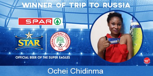 SPARNigeria's tweet photo. Congratulations to Ochei Chidinma who emerged as the lucky winner of Trip to Russia.
#NigeriaUnitedWeShine #ShineOnSuperEagles #ShineOnNigeria #SPARNigeria #STARNg https://t.co/R2Sl75EHM9
