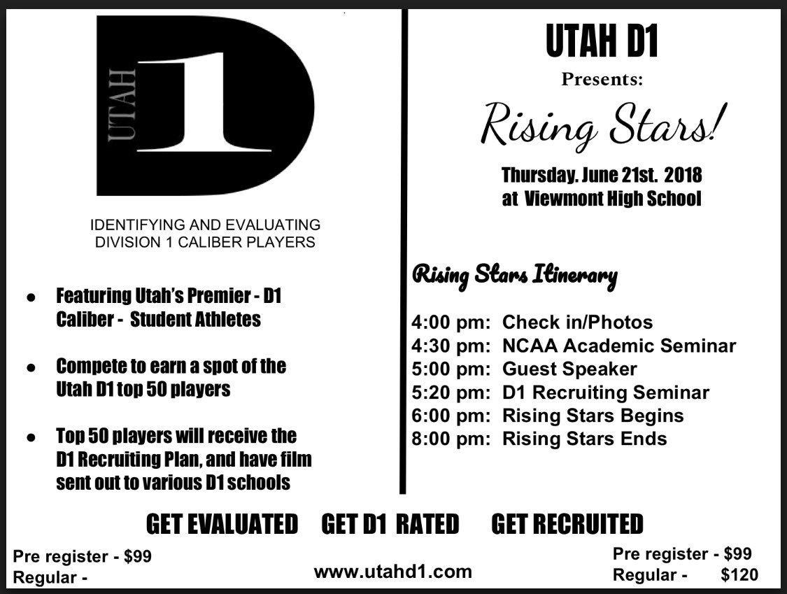#UtahD1 Rising Stars 💫, sponsored by <a href="/wurxnutrition/">wurxnutrition</a> is coming up!

💥Best on Best💥

🔹Official D1 Ratings🔹

💫Recruiting for the Top D1 caliber players

5 🎥 and a drone will be filming the event <a href="/Media_TKO/">TKO Media</a>